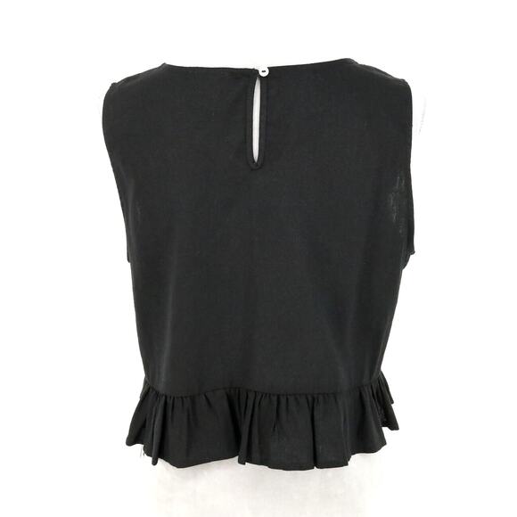 Nicole Miller Top Womens Large Black Linen Blend Ruffle Hem Blouse Resort New - Picture 2 of 14